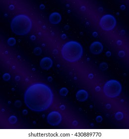 Vector, seamless pattern with the image of air bubbles glowing blue neon light in the dark water.