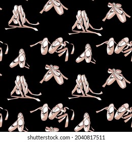 vector seamless pattern with the image of ballet pointe shoes with ribbons on a black background