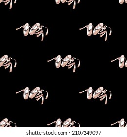 vector seamless pattern with the image of ballet pointe shoes on a black background