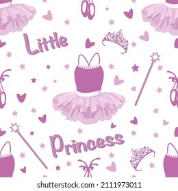 vector seamless pattern with the image of ballet accessories and the inscription Little Princess