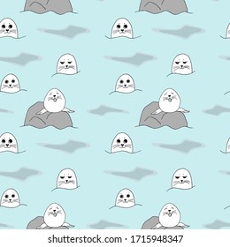 Vector seamless pattern with the image of the blue sea, waves, funny seals and stone. Design for printing postcards, invitations, poster, fabric, bedding, clothes.