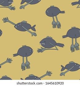 Vector seamless pattern with the image of cartoon, stylized characters of toothy fish with hands. Hand-drawn print. Print for textiles. EPS-10