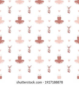 vector seamless pattern with the image of a child's tutu, pointe shoes and hearts in soft pastel colors