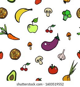 vector seamless pattern with image of colorful vegetables and fruits. eggplant, strawberry, broccoli, banana, cherry, carrot, onion, garlic, mushroom, orange, apple, avocado, tomato.