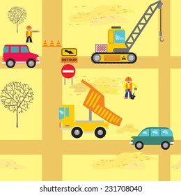 Vector seamless pattern with the image of construction equipment, vehicles, workers, and trees on the background of yellow sand.