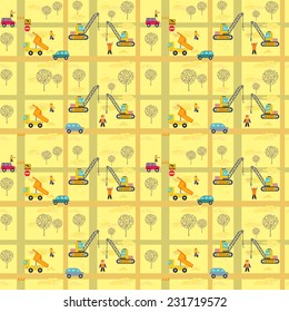 Vector seamless pattern with the image of construction equipment, road signs, intersections, cars, working people, trees on a pale yellow background in brown cells.