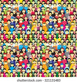 Vector seamless pattern  with the image of a crowd of children of different ages in colorful clothes in the fun cartoon style