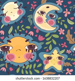 Vector seamless pattern with the image of decorative, hand-drawn sun, moon, stars. The heavenly symbols are depicted in a cartoon style with large eyes surrounded by flowers.
