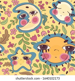 Vector seamless pattern with the image of decorative, hand-drawn sun, moon, stars. The heavenly symbols are depicted in a cartoon style with large eyes surrounded by flowers.
