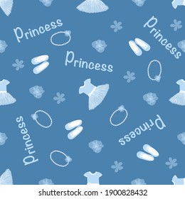 vector seamless pattern with the image of a dress, shoes and accessories for a girl with the inscription Princess