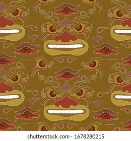 Vector seamless pattern with the image of fictional elements of masks of spirits and demons. Magic. Religion. Hand-drawn print.
EPS-10