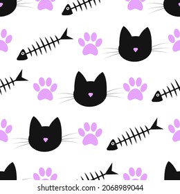 Vector seamless pattern with the image of a fish skeleton, a print of the cat's paws, and the faces of kittens, on a white isolated background. Meow.
