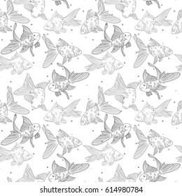 Vector seamless pattern with image of a fishes. Goldfish and perch and silver stars. Linear fish for coloring books.