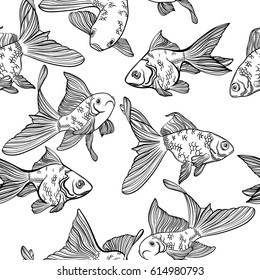 Vector seamless pattern with image of a fishes. Goldfish and perch. Linear fish for coloring books.