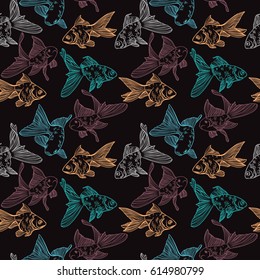 Vector seamless pattern with image of a fishes. Goldfish and perch. Linear fish for coloring books.