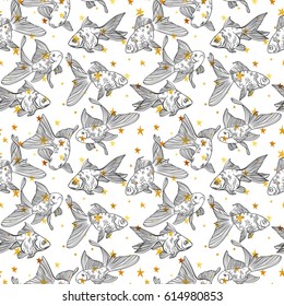 Vector seamless pattern with image of a fishes. Goldfish and perch and golden stars. Linear fish for coloring books.