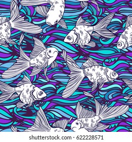 Vector seamless pattern with image of a fishes. Goldfish and perch. Linear fish for coloring books.