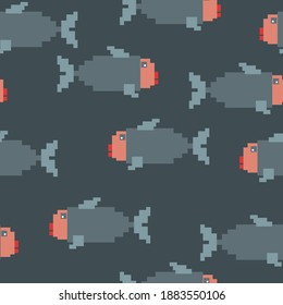 Vector seamless pattern with the image of flat stylized snakes and hearts in the style of pixel art.