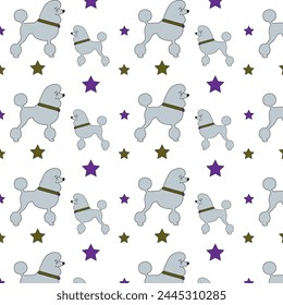 Vector, seamless pattern with the image of a funny poodle in doodle style, pastel colors, brightly colored stars