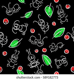 Vector seamless pattern with the image of funny ant painted children on the black background