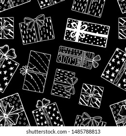 Vector seamless pattern with the image of gifts. Topics: New Year, Christmas, Valentine's Day, Birthday, Anniversary, Wedding. Hand-drawn in trendy Scandinavian style