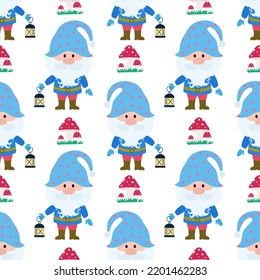 Vector seamless pattern with the image of a gnome, a lantern and stars. Seamless vector printing on children's fabrics, wallpaper, textiles, packaging, design.