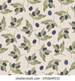 Vector seamless pattern with the image of green olive branches and leaves. Light background. Printing on fabric or wrapping paper. 