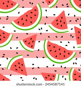 Vector seamless pattern with the image of halves and triangles of ripe red watermelon on a background of pink and white stripes. Summer background in a flat style