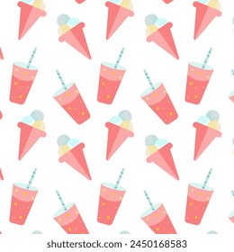 Vector seamless pattern with the image of ice cream and juice, drink in a glass, print on paper, fabric