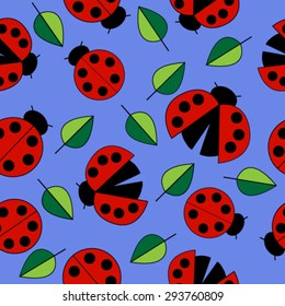 Vector seamless pattern with the image of the ladybug and green leaves on the blue background. Elegant colorful background. EPS 8.
