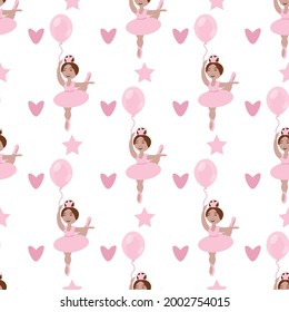 vector seamless pattern with the image of a little ballerina girl with a balloon, hearts and stars in pink tones