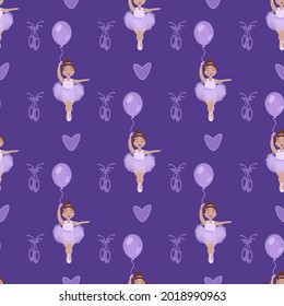 vector seamless pattern with the image of a little ballerina girl a balloon and other decor in lilac tones