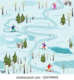 Vector seamless pattern with the image maps of winter forest with ski, skiers and fun trails. It can be used as an illustration