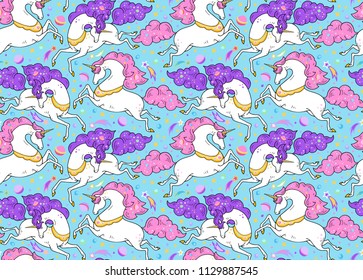 Vector seamless pattern with image of mythical animals. Galloping cute white unicorns with golden horn, pink, violet mane and tail. Modern space theme. Planets, stars on bright blue sky background