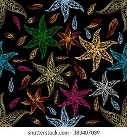 Vector seamless pattern with the image of neon glowing petals and flowers. Floral colorful pattern on black background.