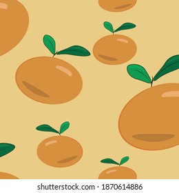 Vector seamless pattern. Image of oranges with green leaves on yellow background.