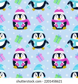 Vector seamless pattern with the image of penguins, gifts and snowflakes. Seamless vector printing on children's fabrics, wallpaper, textiles, packaging, design.