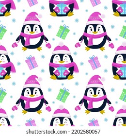 Vector seamless pattern with the image of penguins, gifts and snowflakes. Seamless vector printing on children's fabrics, wallpaper, textiles, packaging, design.