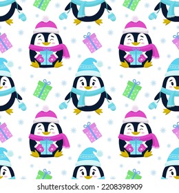 Vector seamless pattern with the image of penguins, gifts and snowflakes. Seamless vector printing on children's fabrics, wallpaper, textiles, packaging, design.