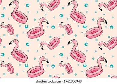 Vector seamless pattern with the image of a pink flamingo swimming circle. The illustration is drawn in doodle style. Design for printing cards, posters, fabrics, baby clothes.