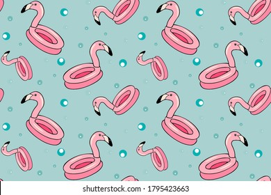 Vector seamless pattern with the image of a pink flamingo swimming circle. The illustration is drawn in doodle style. Design for printing cards, posters, fabrics, baby clothes.