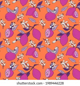 Vector seamless pattern with the image of pink lemons, lilac leaves and white flowers on an orange background. Design for decorating a menu, recipe, card, invitation, poster, clothes, fabric, dishes