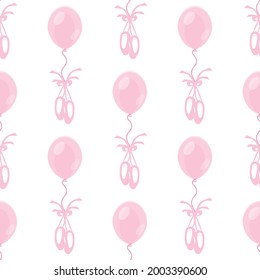 vector seamless pattern with the image of pink balloons and ballet pointe shoes on a white background