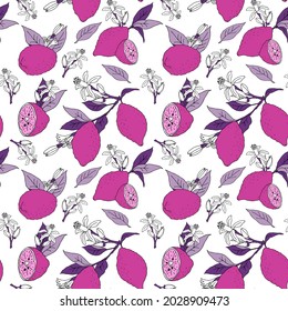 Vector seamless pattern with the image of pink lemons, lilac leaves and white flowers on an orange background. Design for the design of the menu, recipe, flyer, poster, fabric, bedding