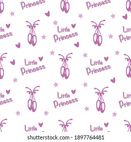 vector seamless pattern with the image of pointe shoes and the inscription little princess