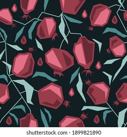 Vector seamless pattern with the image of pomegranate fruit branches. Illustration stylized in geometric shapes. Flat style.
