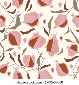 Vector seamless pattern with the image of pomegranate fruit branches. Illustration stylized in geometric shapes. Flat style.