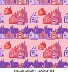 vector seamless pattern with the image of small houses in pink and purple colors