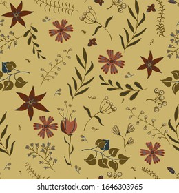 Vector seamless pattern with the image of stylized elements of vegetation - decorative blossoms, petals, berries. Hand-drawn print.