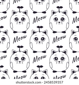 Vector seamless pattern with the image of a stylized linear cat on a white background.